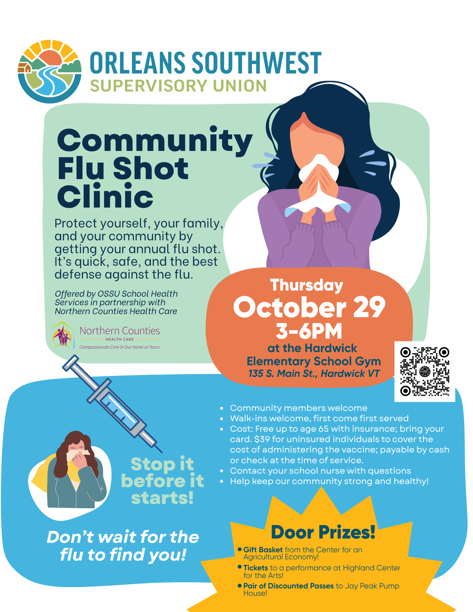 images of woman with a tissue, a flu shot graphic, and the OSSU logo